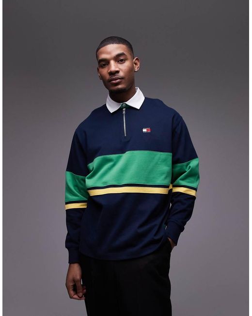 Tommy Hilfiger Blue Zip Colorblock Rugby Top for men