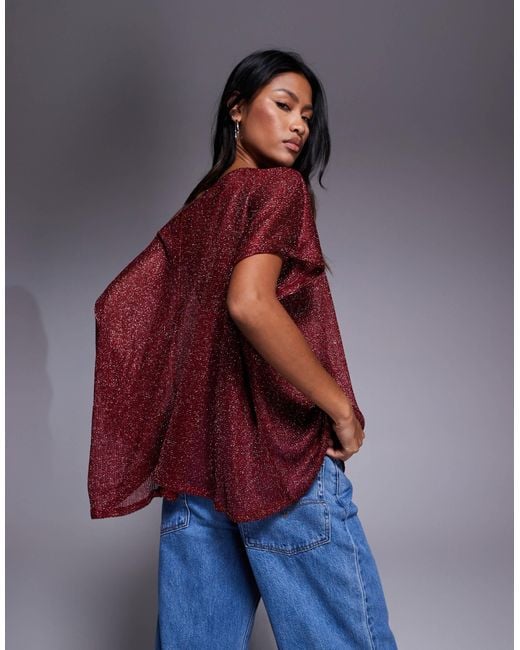 ASOS Red Sheer Metallic Oversized Slouchy Off Shoulder Cape Top
