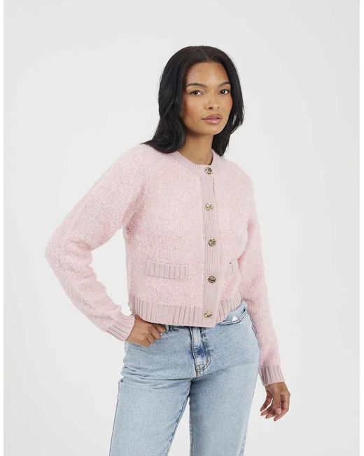 Brave Soul Pink Button Through Boucle Cardigan