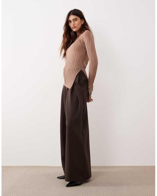 ARRANGE Brown Fine Rib Long Sleeve Knit Top