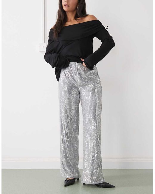 Noisy May Gray High Waist Pull On Sequin Trousers