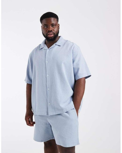 ASOS Blue Relaxed Camp Collar Waffle Shirt for men