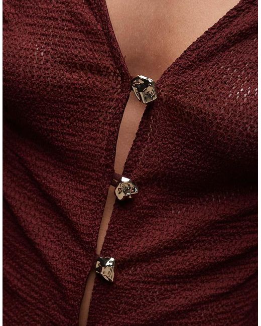 Cardigan Con Scollo Profondo E Maniche A Campana All'Uncinetto Bordeaux Con Bottoni Dorati di ASOS in Red