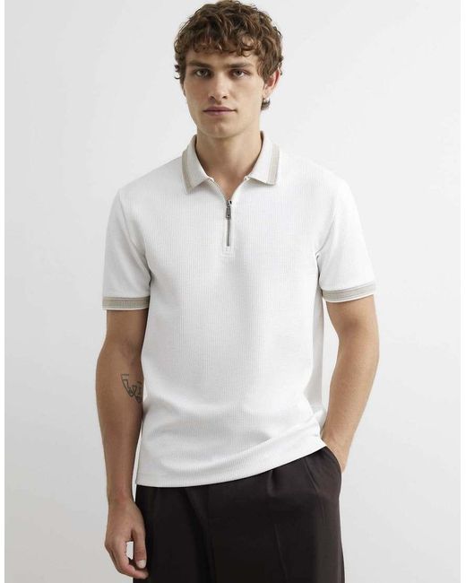 River Island White Slim Fit Zip Textured Tipped Polo Shirt for men