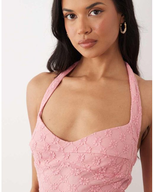 Bardot Pink Mariko Exclusive Halter Neck Floral Embroidered Lace Maxi Dress