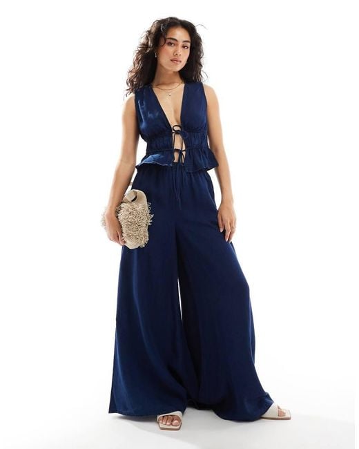 Mango Blue Wide Leg Denim Look Co-Ord Trousers