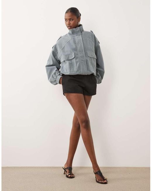 Kaiia Gray Exclusive Faux Suede Cargo Pocket Front Balloon Sleeve Funnel Neck Bomber Jacket