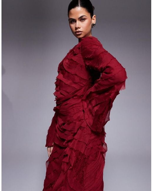 ASOS Red High Neck Long Sleeve Raw Edge Ruffle Maxi Dress With Lace Inserts