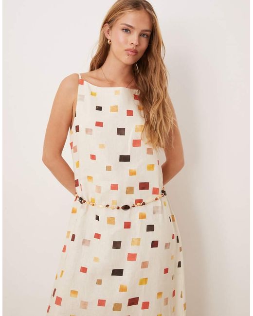 Vrg Grl Natural Elma Tile Print Belted Linen Midi Dress