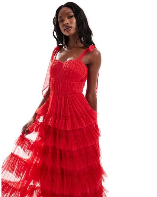 LACE BEADS Empire Waist Ruffle Maxi Dress in Red Lyst UK