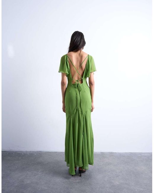 TOPSHOP Green Flutter Sleeve Godet Hem Midi Dress