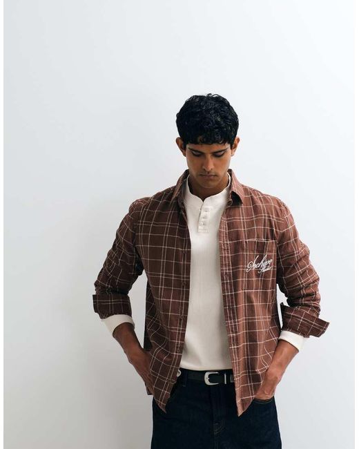 ASOS Brown Regular Fit Check Shirt With Chest Embroidery for men