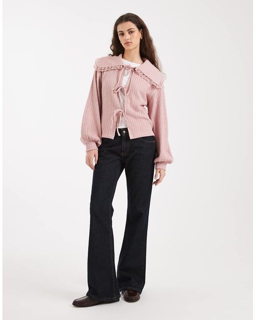 Miss Selfridge Pink Tie Front Cardigan With Lace Trim Collar