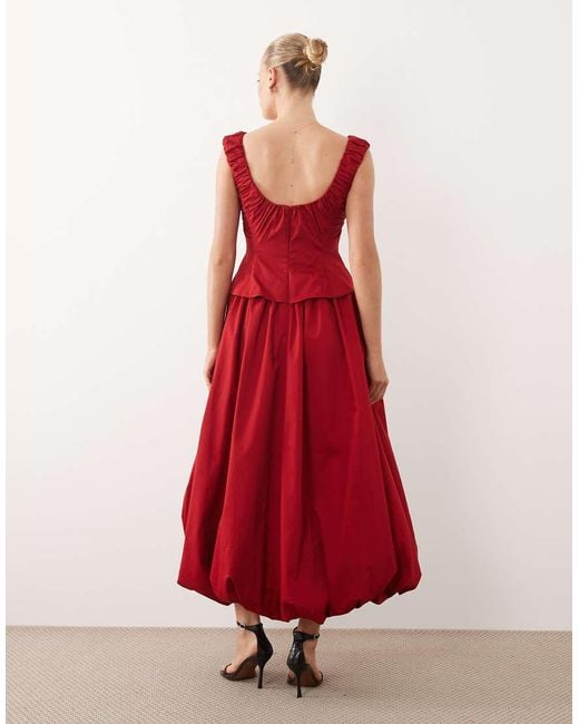 ASOS Red Structu Ruched Curve Neck Peplum Midi Dress