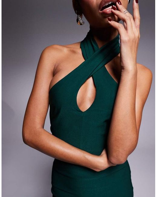 Vesper Green Bengaline Cross Front Halterneck Keyhole Detail Midaxi Dress