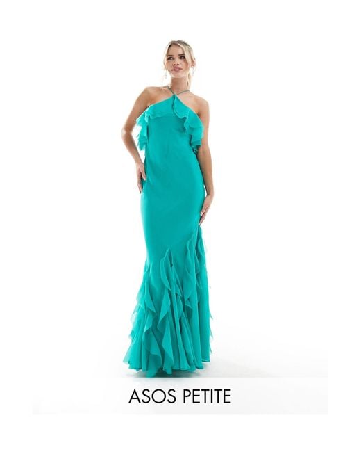 Asos design petite - robe longue dos nu coupée en biais à volants - turquoise ASOS en coloris Blue
