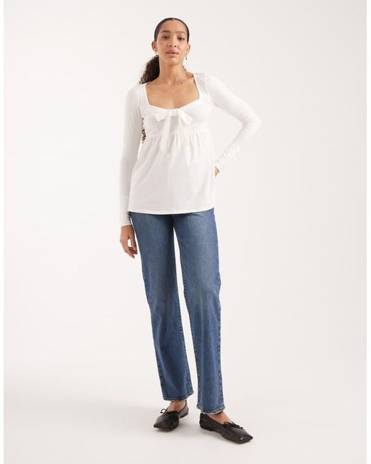 Hollister White Long Sleeve Front Bow Babydoll Top