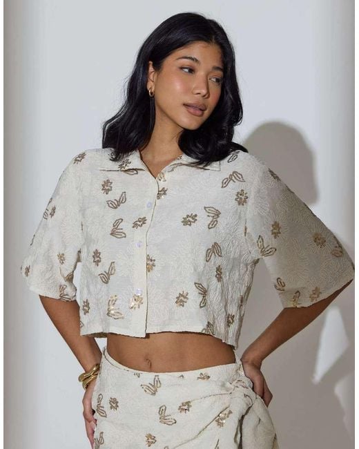 South Beach Gray Floral Sequin Embroidered Short Sleeve Shirt