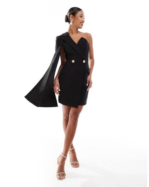 Lavish Alice Black One Shoulder Cape Blazer Dress