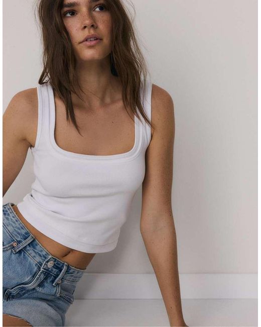 Stradivarius White Two-piece Effect Square Neckline Top
