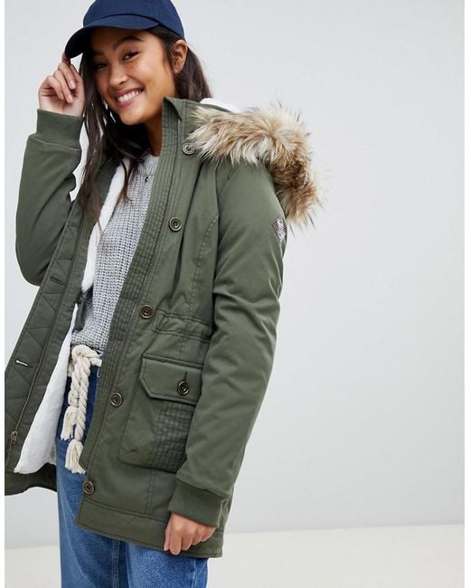 Hollister Green Teddy Lined Parka Jacket With Faux Fur Hood