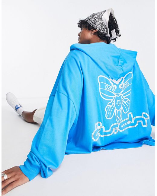 ASOS Blue Extreme Oversized Zip Thru Hoodie With Moth Back Print for men