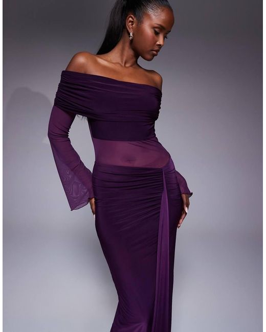 Kaiia Purple Exclusive Double Layered Slinky Foldover Off The Shoulder Sheer Panel Ruched Skirt Maxi Dress