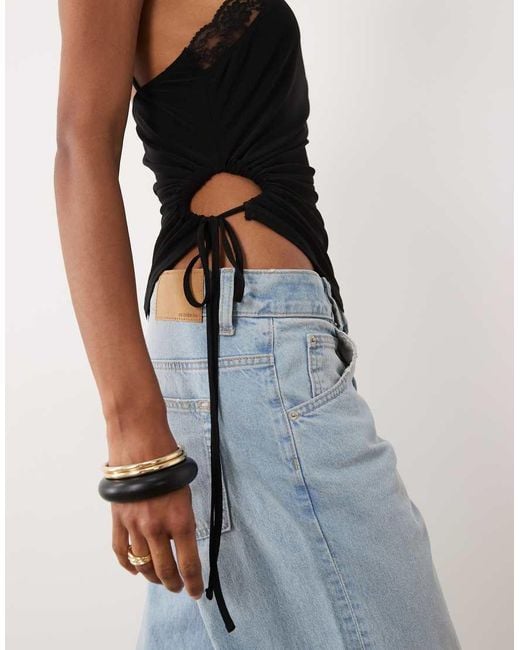 ASOS Black Slinky Ruched Cut Out Halter With Lace Trim