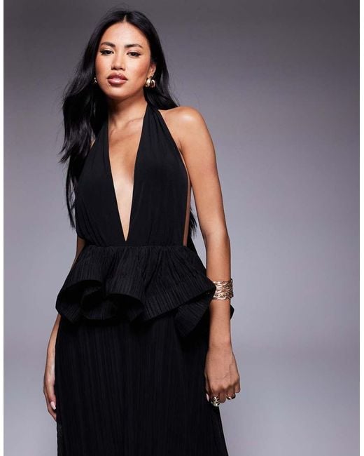 ASOS Black Premium Plunge Plisse Maxi Dress With Wired Trim Peplum