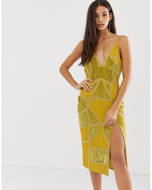 ASOS Yellow Sexy Pencil Midi Dress With Embellished Panels