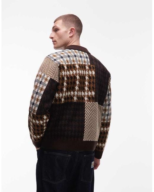 Obey Black Patchwork Button Up Knitted Cardigan And Brown And Beige for men