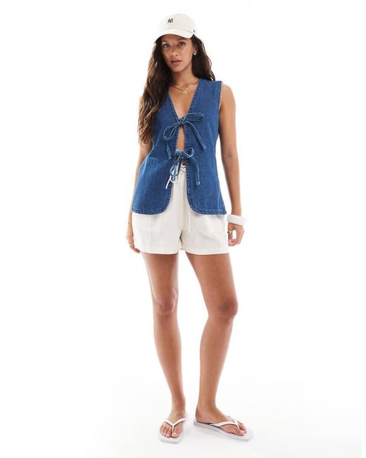 Brave Soul Blue Longline Cotton Denim Waistcoat With Tie Front