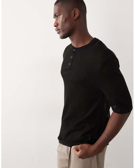ASOS Black Relaxed Knitted Ribbed Henley for men