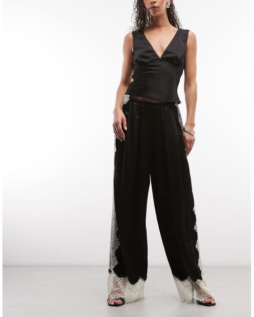 ASOS Black Satin Wide Leg Pants With Lace