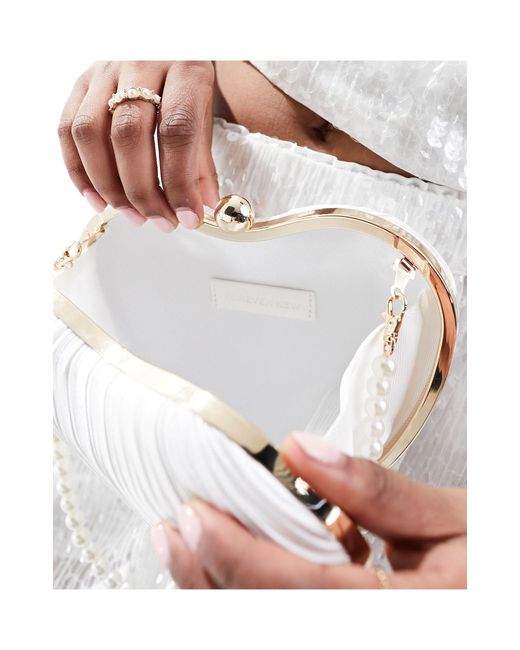 Forever New White Bridal Ribbed Heart Bag With Pearl Strap