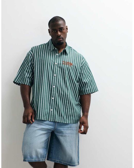 ASOS Green Boxy Oversized Stripe Shirt With Chest Embroidery for men