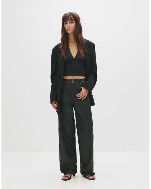 Pull&Bear Black Leather-effect Straight-leg Trousers
