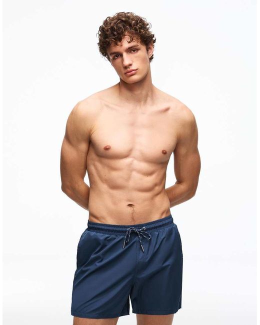 Bershka Blue Basic Mid Length Swim Shorts for men