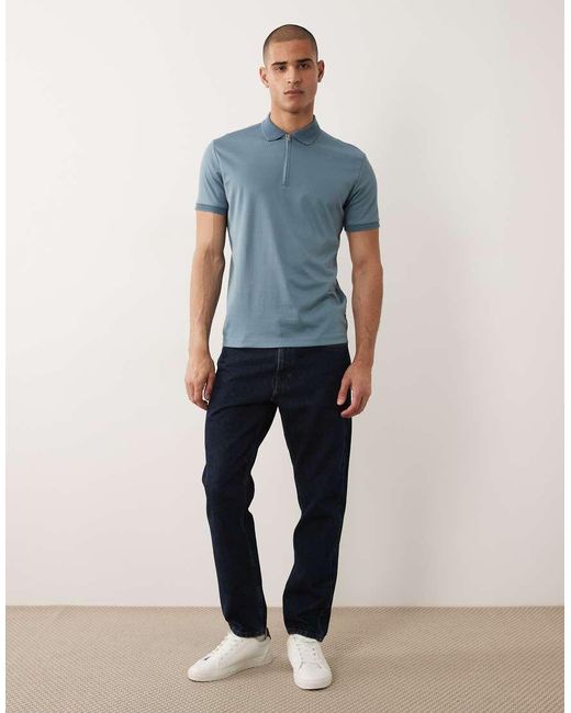 SELECTED Blue Half Zip Polo Shirt for men