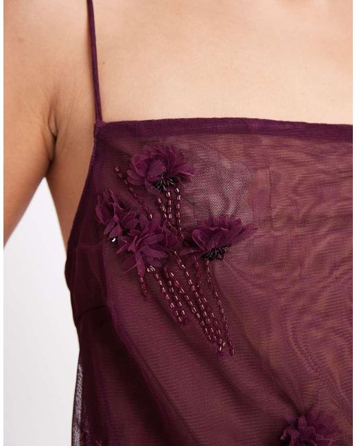 ASOS Red 3D Floral Applique Sequin Sheer Mesh Cami Top