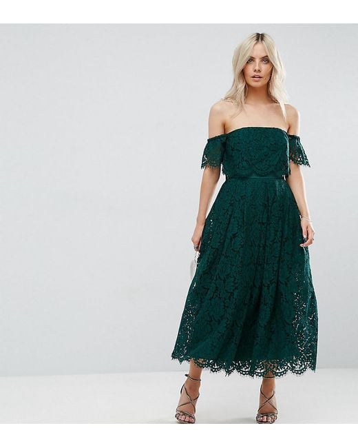 ASOS Green Off The Shoulder Lace Prom Midi Dress