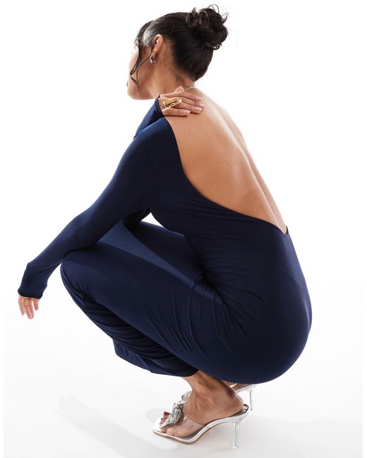 Kaiia Blue Exclusive Double Layered Slinky Low Back Long Sleeve Bodycon Maxi Dress