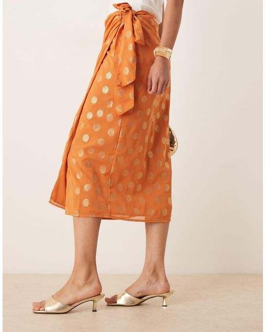 Lovedrobe Orange Metallic Wrap Midi Skirt