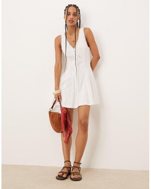 ASOS White Broderie Sleeveless V Neck Swing Mini Dress