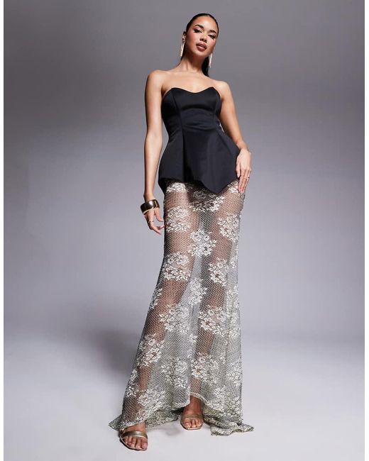 ASOS Gray Premium Moulded Dress With Lace Maxi Skirt