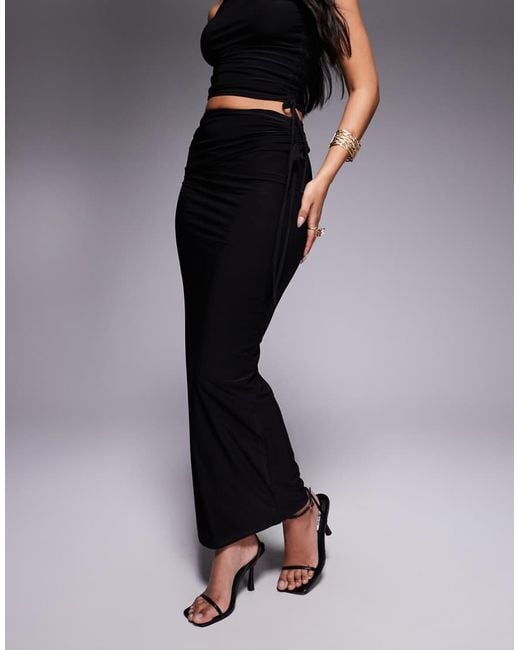 Kaiia Blue Exclusive Double Layered Slinky Ruched Drawstring Maxi Skirt Co-ord
