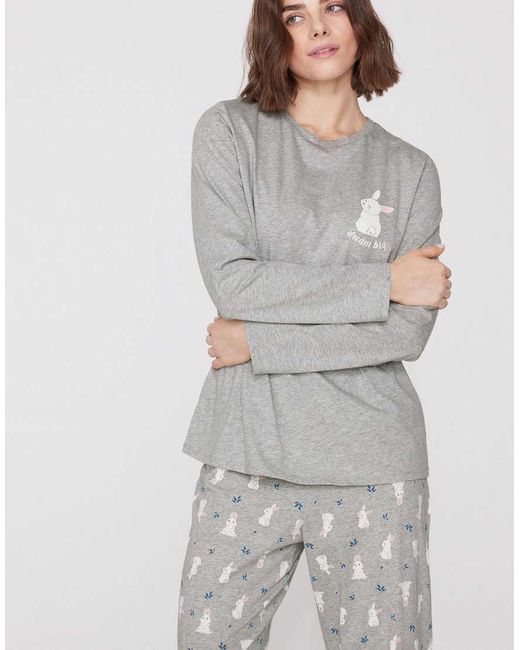 Tezenis Gray Bunny Print Long Cotton Pyjamas