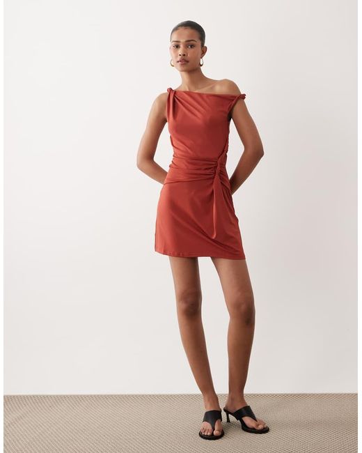 SNDY'S Red Twist Waist Detail Asymmetric Shoulder Mini Dress