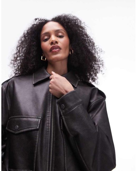 TOPSHOP Faux Leather Short Bomber Jacket in Black Lyst UK
