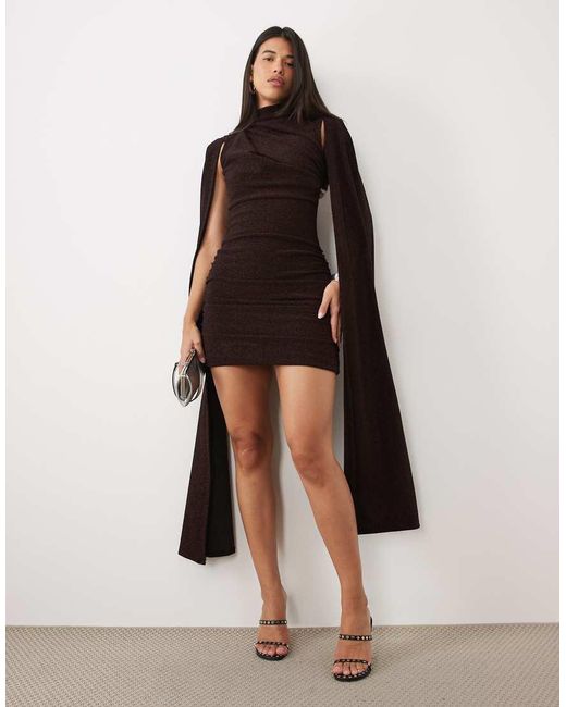 Ruched & Ready Red Sculpting Off Shoulder Cape Detail Metallic Mini Dress